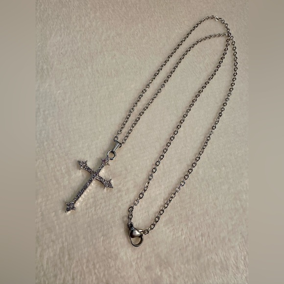 Silver Tone Crystal Cross Pendant Necklace & Drop Dangle Earrings Set Elegant - Picture 7 of 11